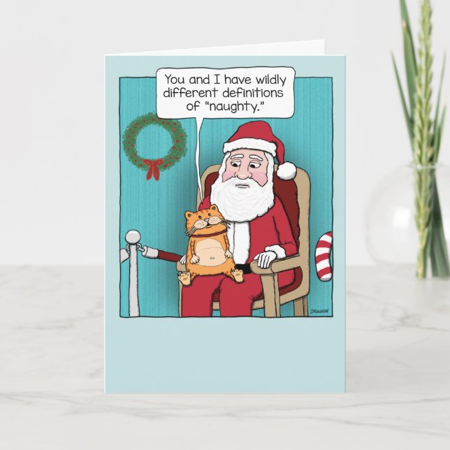 Niedliche und lustige, nackte Katze auf Santa's La Karte (Vorderseite)