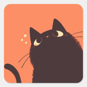 Niedliche und lustige schwarze Katze auf orangefar Quadratischer Aufkleber