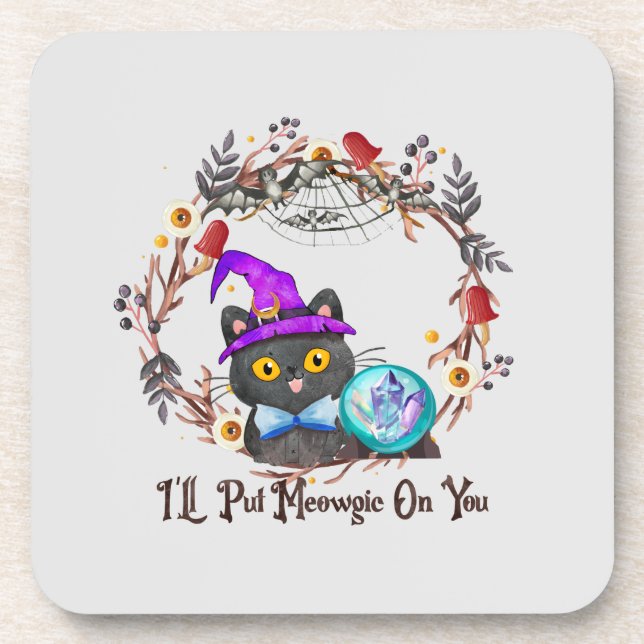 Niedliche und Punny Witch Cat Getränkeuntersetzer (Vorderseite)