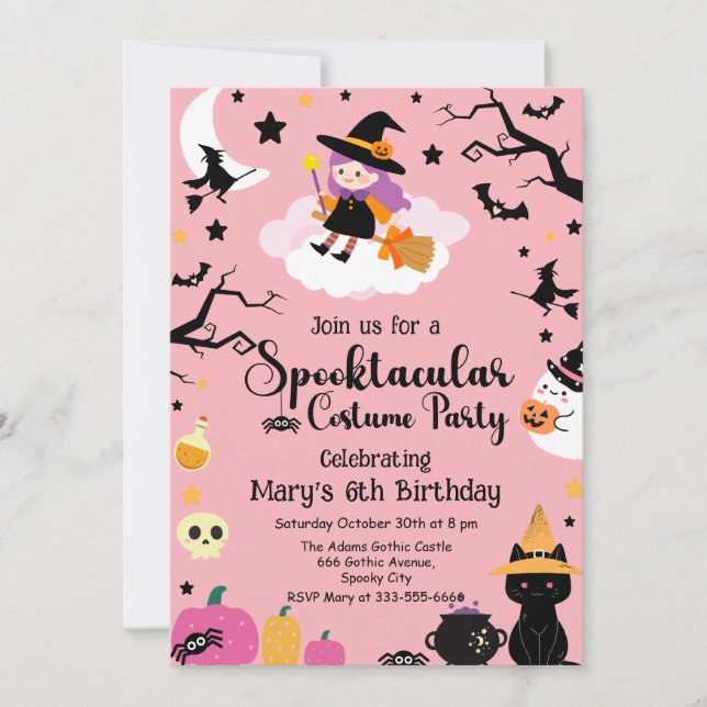Niedliche und Spooky Hexenpink Halloween Geburtsta Einladung (Vorderseite)