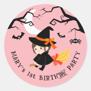 Niedliche und Spooky Hexenpink Halloween Geburtsta Runder Aufkleber