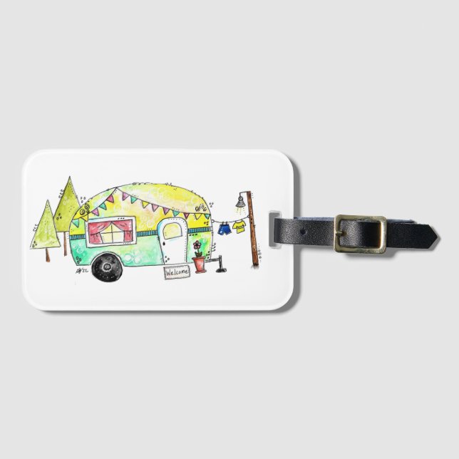 Niedliche und Whimsical Retro Happy Camper Gepäckanhänger (Vorderseite (Horizontal))