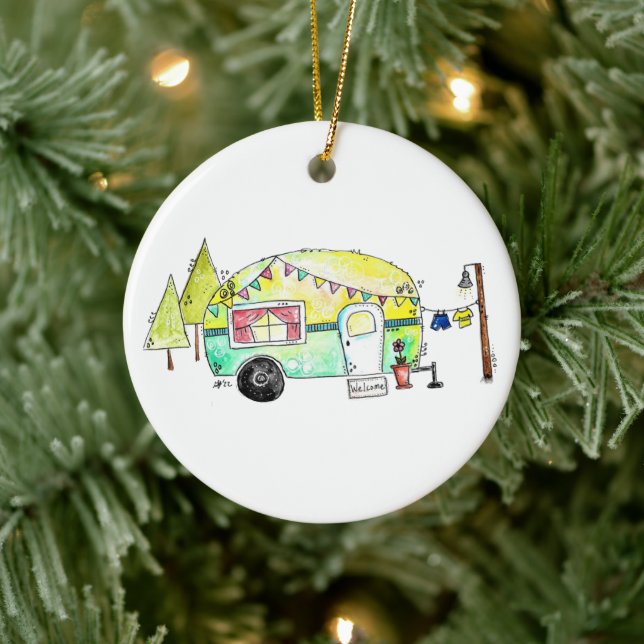 Niedliche und Whimsical Retro Happy Camper Keramik Ornament (Baum)