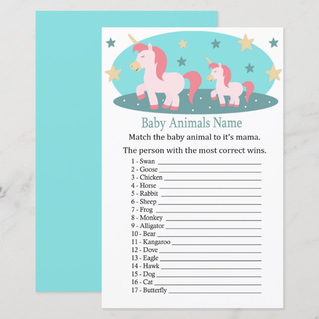 Niedliche Unicorn Baby Animes Name Game (Vorne/Hinten)