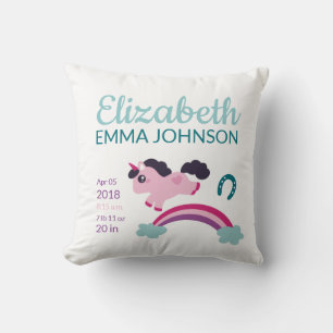 Niedliche Unicorn Baby Birth Stats Kissen