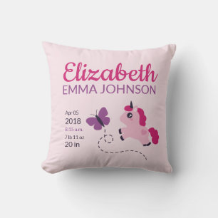 Niedliche Unicorn Baby Birth Stats Kissen