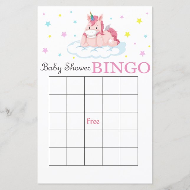 Niedliche Unicorn Baby Dusche Bingokarte (Vorderseite)