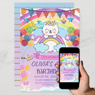 Niedliche Unicorn Cat Rainbow Girl's Birthday Part Einladung