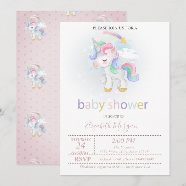 Niedliche Unicorn Star Rainbow Baby Dusche Einladung (Vorne/Hinten)