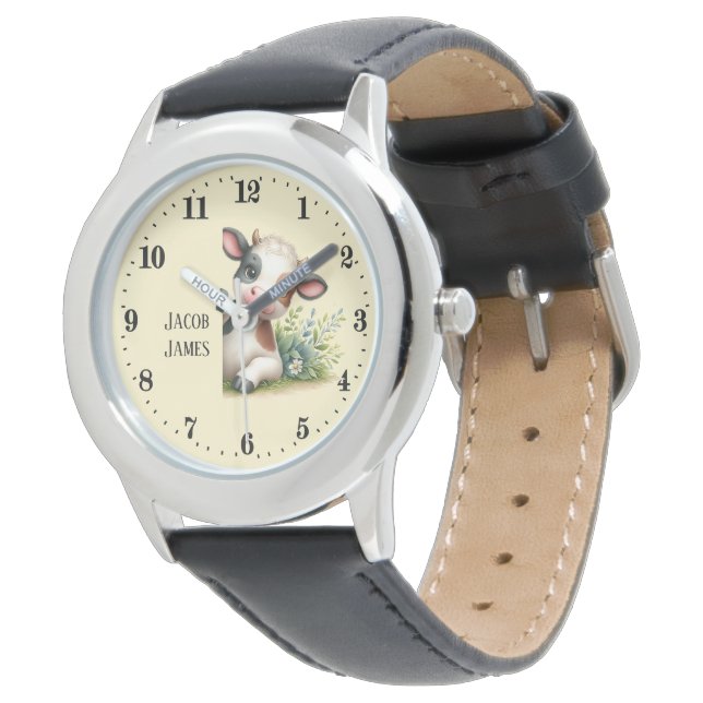 Niedliche unisex Kids pinkeln Kuh geben den Namen Armbanduhr (Schrägansicht)