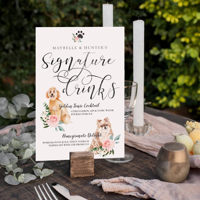 Niedliche Unterhaltungsgetränke für Hunde im Paar Poster (Cute Watercolor Dogs Couple's Signature Drinks Poster)