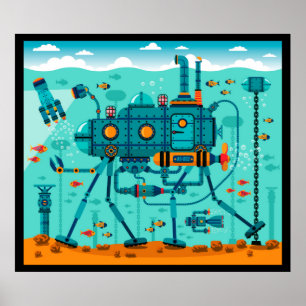 Niedliche Unterwasser-Roboterszene Poster
