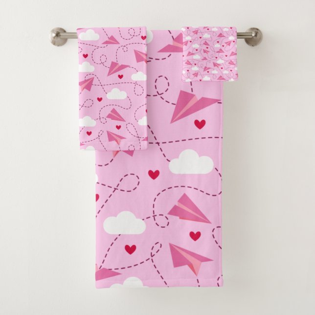 Niedliche Valentine Flying Airplane Rosa Herz Badhandtuch Set (Insitu)