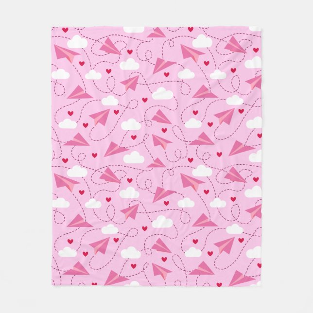 Niedliche Valentine Flying Airplane Rosa Herz Fleecedecke (Vorderseite)