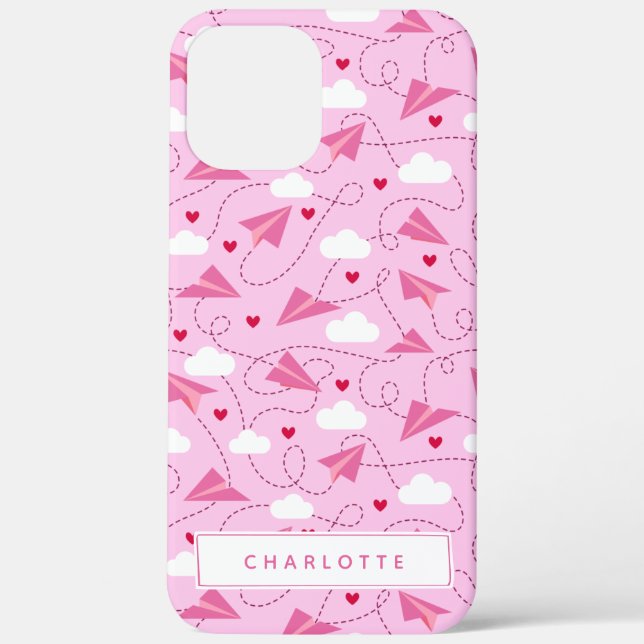 Niedliche Valentine Flying Airplane Rosa Herzname Case-Mate iPhone Hülle (Rückseite)
