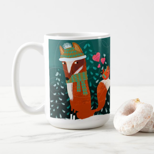 Niedliche Valentine Fox und Kardinal Herzerkrankun Kaffeetasse (Mit Donut)