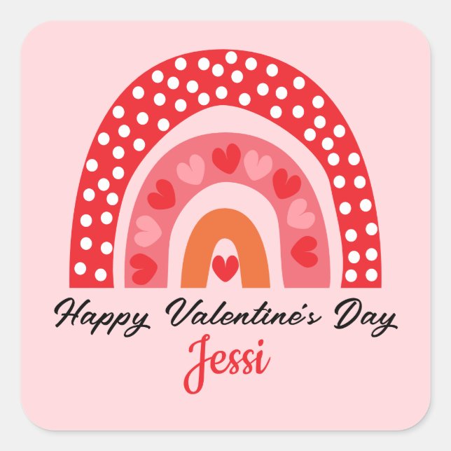 Niedliche Valentine Rainbow Personalisiert Square  Quadratischer Aufkleber (Vorderseite)