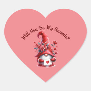 Niedliche Valentines Gnome mit Herz und Rose Herz-Aufkleber