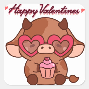 Niedliche Valentinstag-Kuh-Aufkleber, Valentinin-K Quadratischer Aufkleber