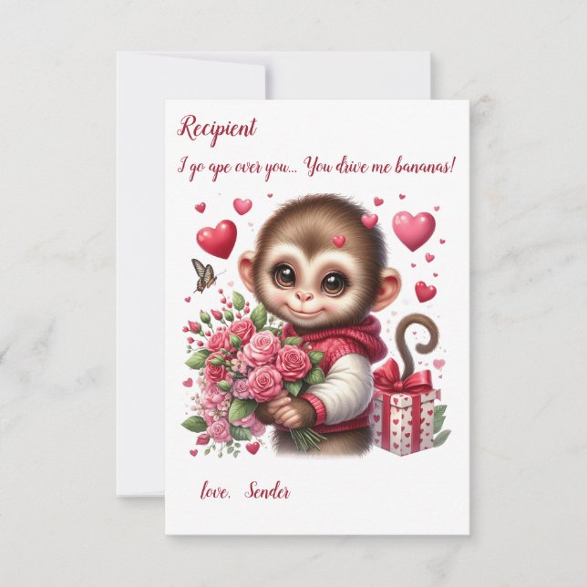 Niedliche Valentintagskarte des Affen Mitteilungskarte (Vorderseite)