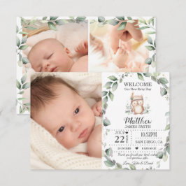 Niedliche Vegetation Owl New Baby Boy Foto Collage Ankündigung
