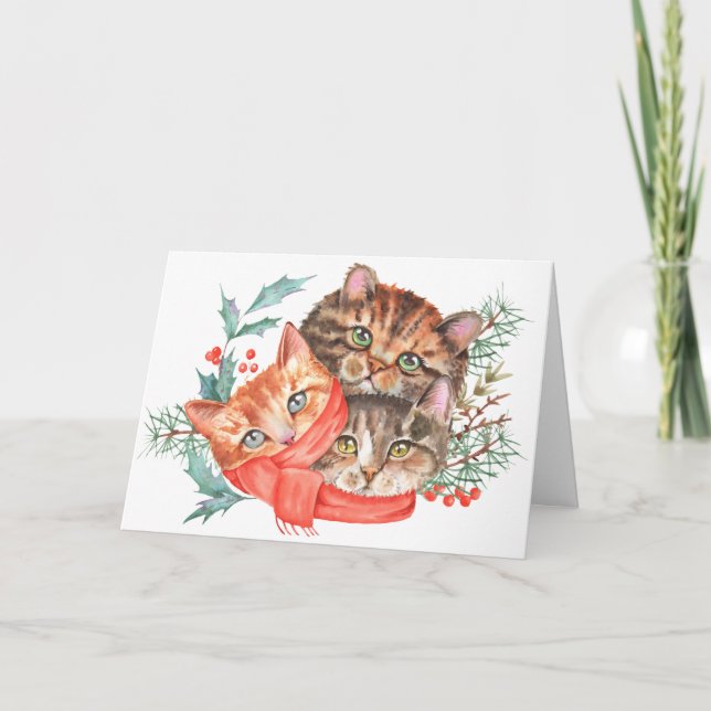 Niedliche Vintage Aquarellkätzchen Weihnachtskarte Dankeskarte (Vorderseite)