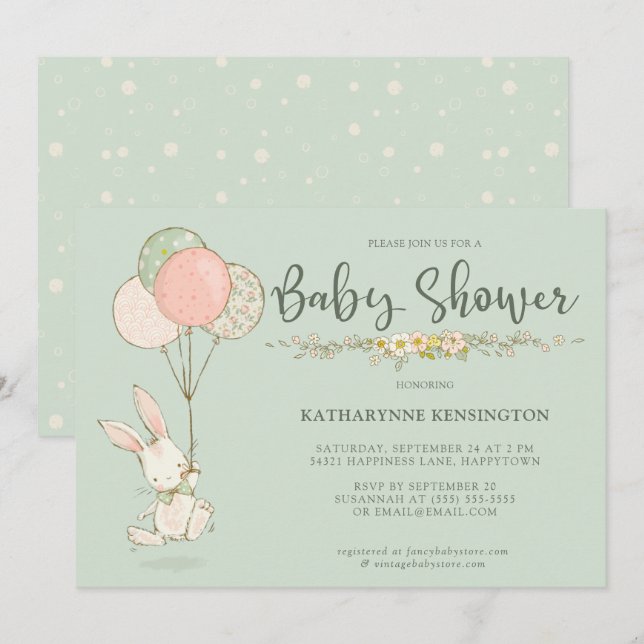 Niedliche Vintage Bunny Floral Baby Dusche Einladung (Vorne/Hinten)