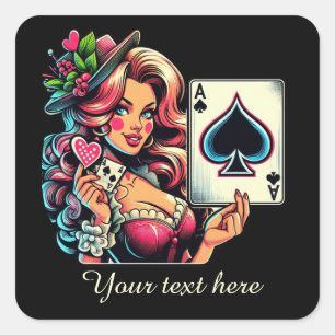 Niedliche Vintage Casino-Dame fügt Text hinzu Quadratischer Aufkleber