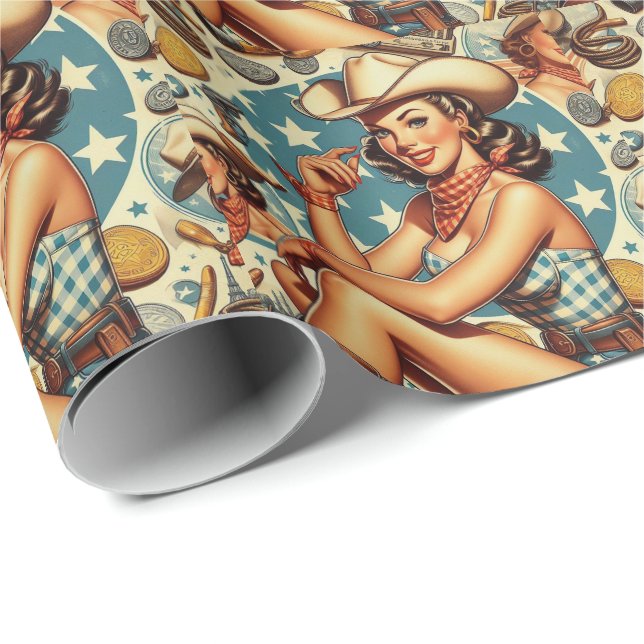 Niedliche Vintage Cowgirl Geschenkpapier (Rolleneckpunkt)