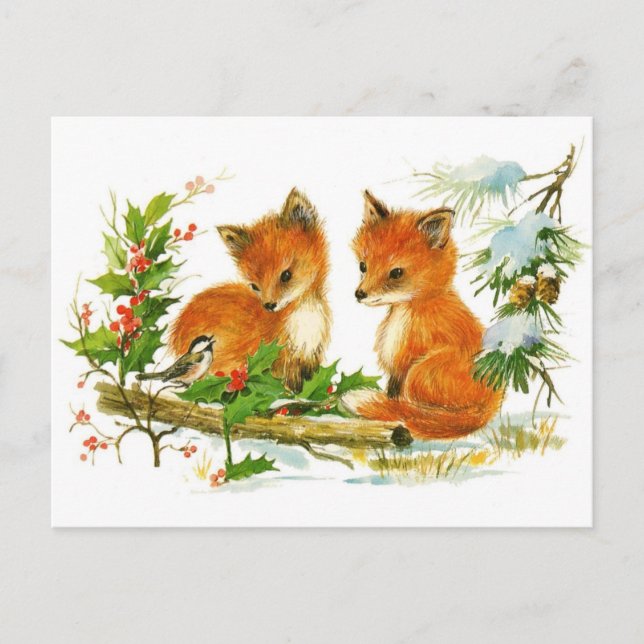Niedliche Vintage Foxweihnachtszene Feiertagspostkarte (Vorderseite)