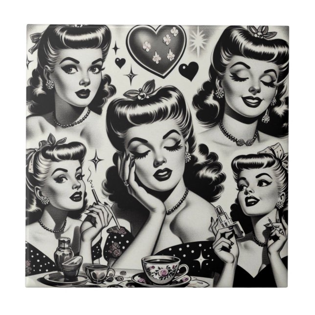 Niedliche Vintage Girl-Illustration Fliese (Vorderseite)