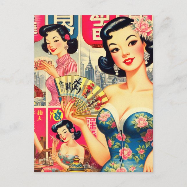 Niedliche Vintage Girls Illustration Postkarte (Vorderseite)