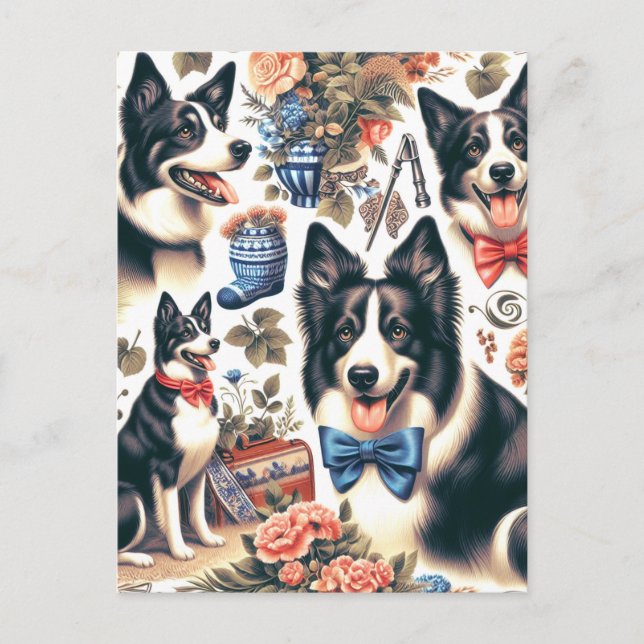 Niedliche Vintage Grenz-Collie-Illustration Postkarte (Vorderseite)