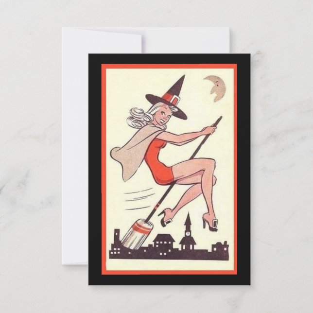 Niedliche Vintage Halloween-Hexe im Zimmer (Vorderseite)