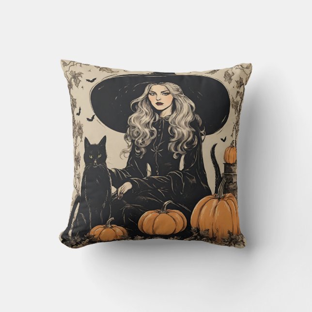 Niedliche Vintage Halloween-Hexe mit Schwarzer Kat Kissen (Vorderseite)