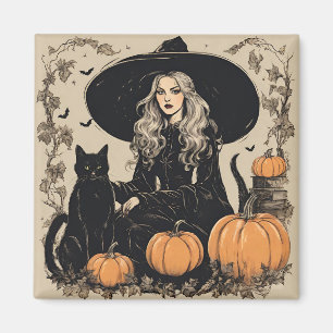 Niedliche Vintage Halloween-Hexe mit Schwarzer Kat Magnet