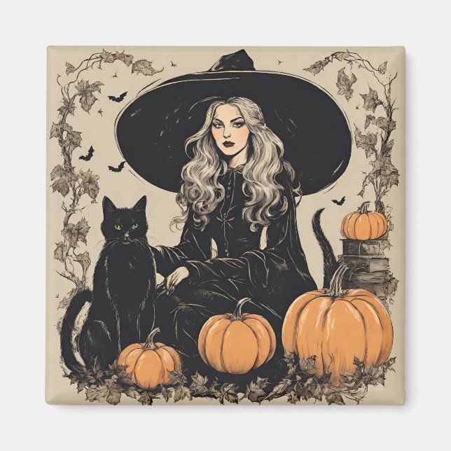 Niedliche Vintage Halloween-Hexe mit Schwarzer Kat Magnet (Vorne)