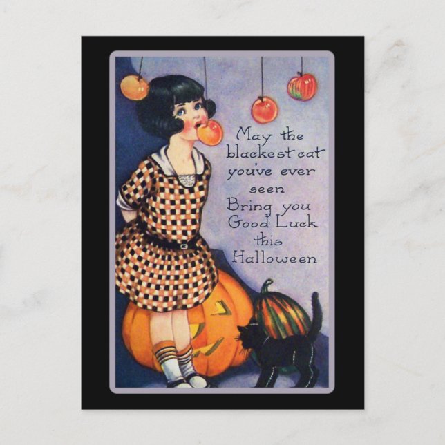 Niedliche Vintage Halloween-Schwarzkatze Postkarte (Vorderseite)
