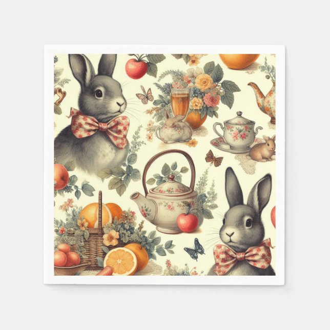 Niedliche Vintage Kaninchenmalerei Serviette (Vorderseite)