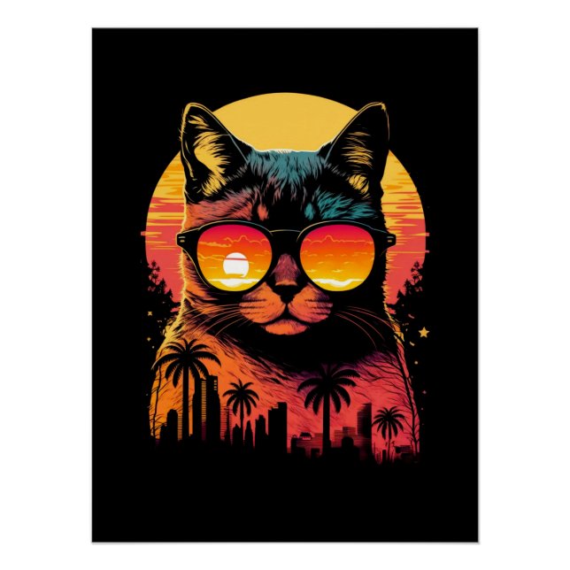 Niedliche Vintage Katze mit Brille im Sonnenunterg Poster (Vorderseite)