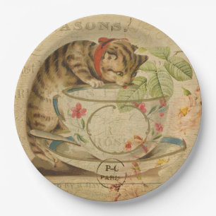 Niedliche Vintage Katzen-Tee-Schalen-Blumencollage Pappteller