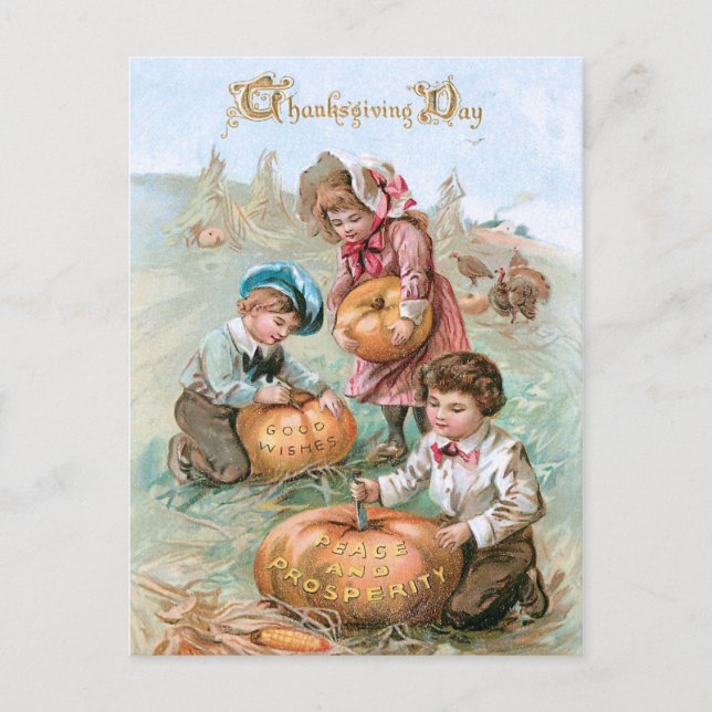 Niedliche Vintage Kinder Kürbiskins tragen Postkarte (Vorderseite)