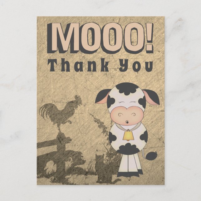 Niedliche Vintage Kuh und Landtiere MOOO! Danke Postkarte (Vorderseite)