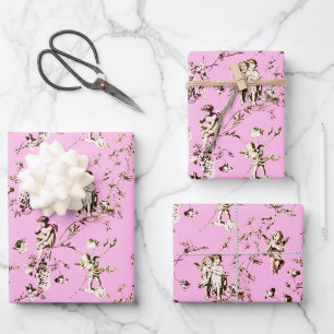 Niedliche Vintage Kupiden Engel Blumentoile Rosa Geschenkpapier Set