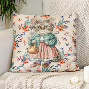 Niedliche Vintage Oma Katze Rosa Schürze Brille Kissen