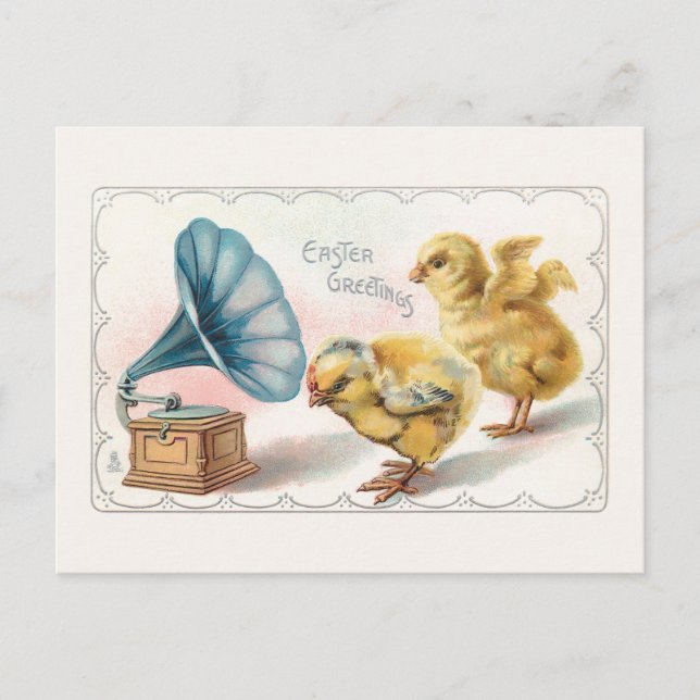 Niedliche Vintage Osterchicks und Gramophon Postkarte (Vorderseite)