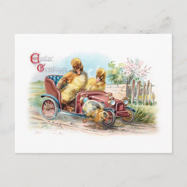 Niedliche Vintage Osterente im Roadster Postkarte (Vorderseite)
