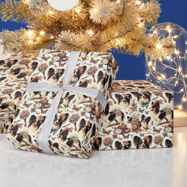 Niedliche Vintage Papillon Dog Illustration Geschenkpapier (Feiertage)