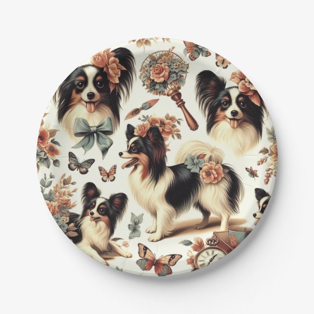 Niedliche Vintage Papillon Dog Illustration Pappteller (Vorderseite)