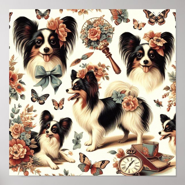 Niedliche Vintage Papillon Dog Illustration Poster (Vorne)